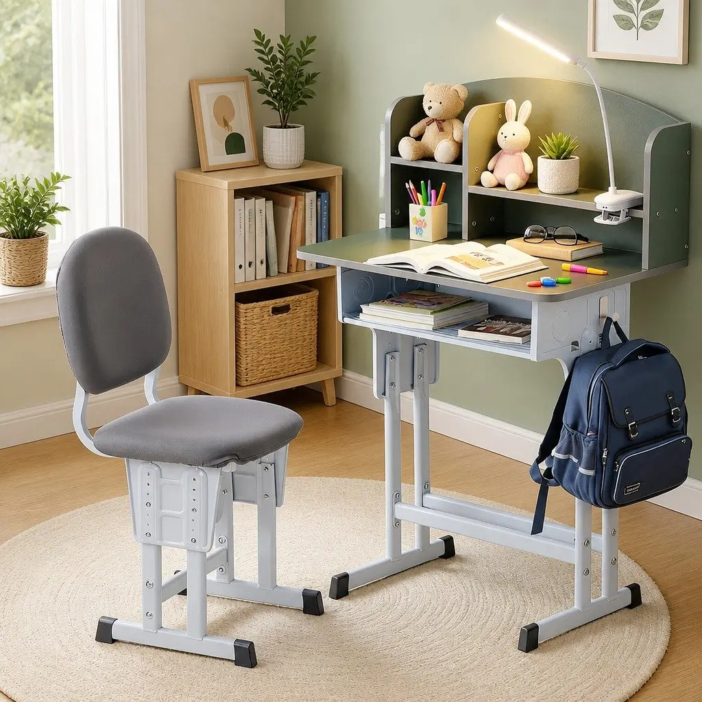 Kids Study Desk Chair Set Height Adjustable Ergonomic Table with LED Lamp Green