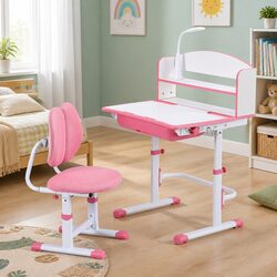 Kids Study Desk Chair Set Height Adjustable LED Lamp Ergonomic Pink