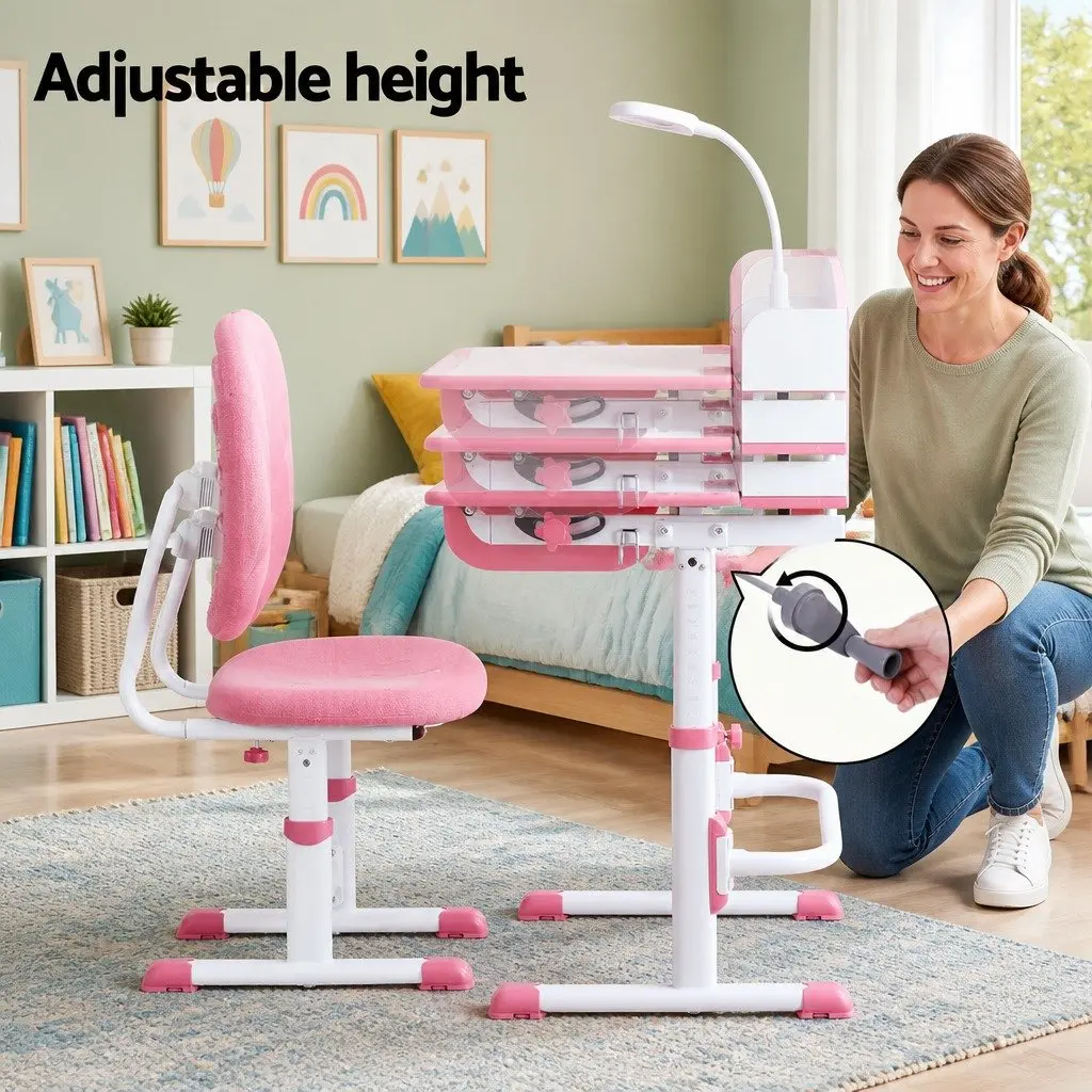 Kids Study Desk Chair Set Height Adjustable LED Lamp Ergonomic Pink