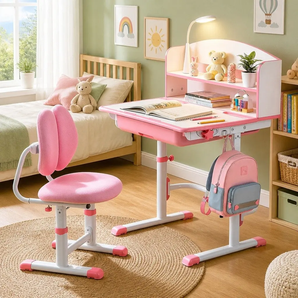 Kids Study Desk Chair Set Height Adjustable LED Lamp Ergonomic Pink