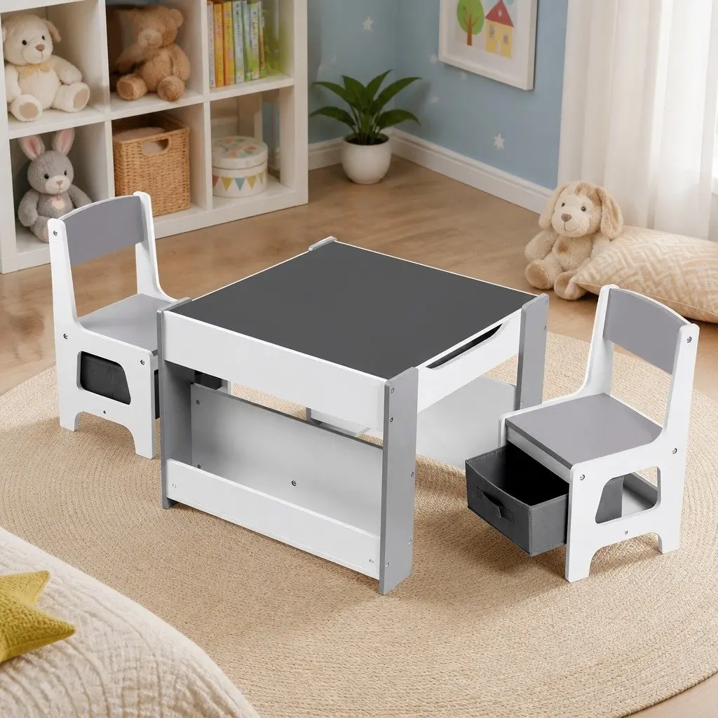 Kids Table and Chair Set 4 in 1 Wooden Activity Desk Blackboard Whiteboard