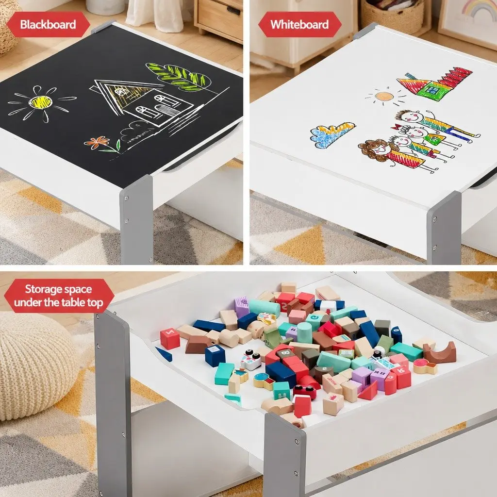 Kids Table and Chair Set 4 in 1 Wooden Activity Desk Blackboard Whiteboard