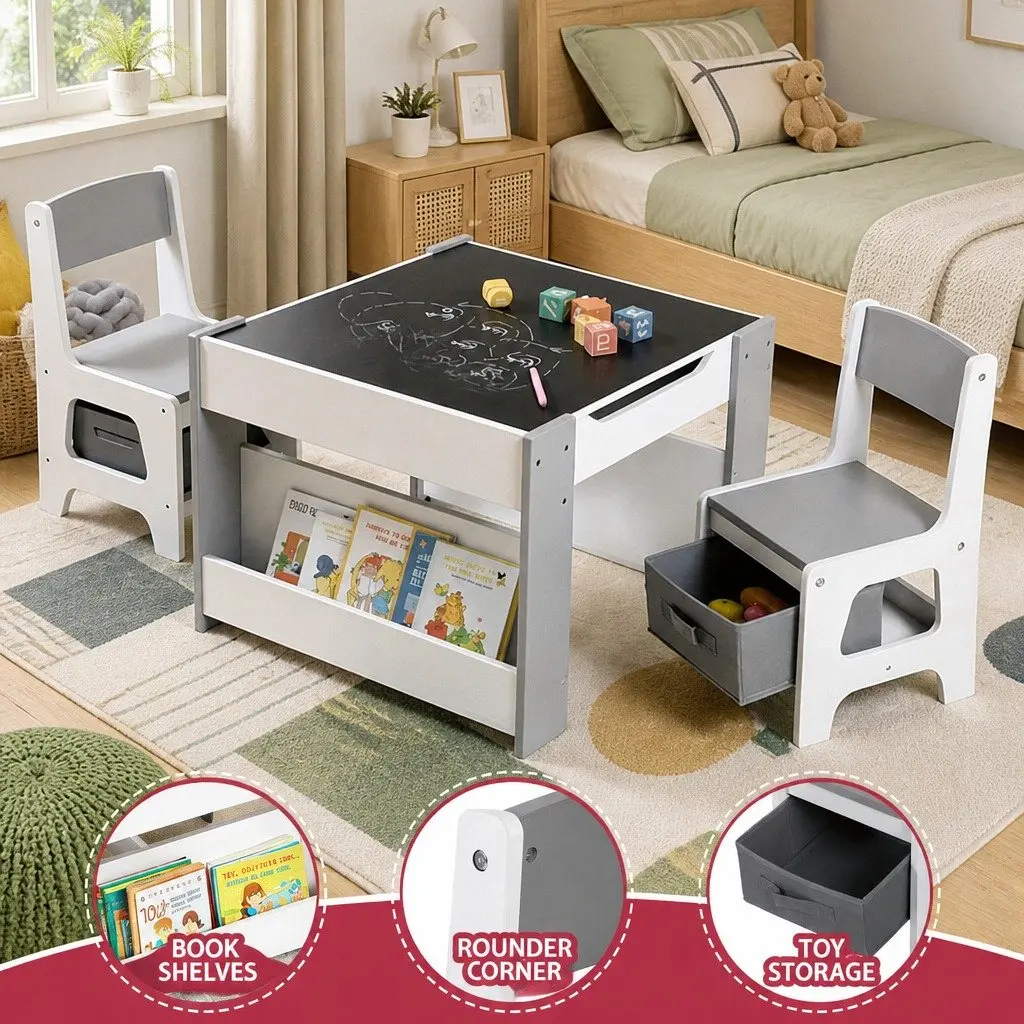 Kids Table and Chair Set 4 in 1 Wooden Activity Desk Blackboard Whiteboard