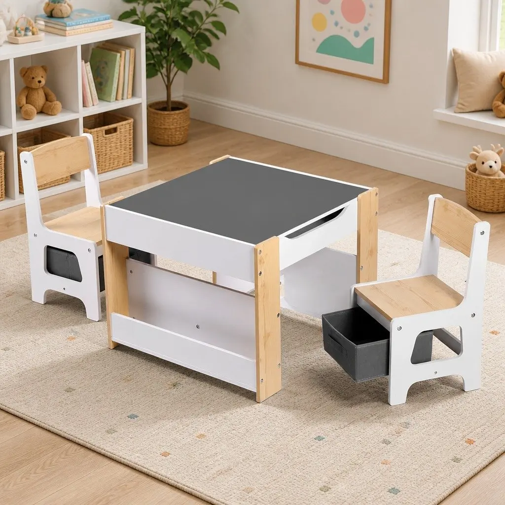 Kids Table and Chair Set for Learning and Play 4 in 1 Wooden Activity Desk with Reversible Blackboard and Whiteboard