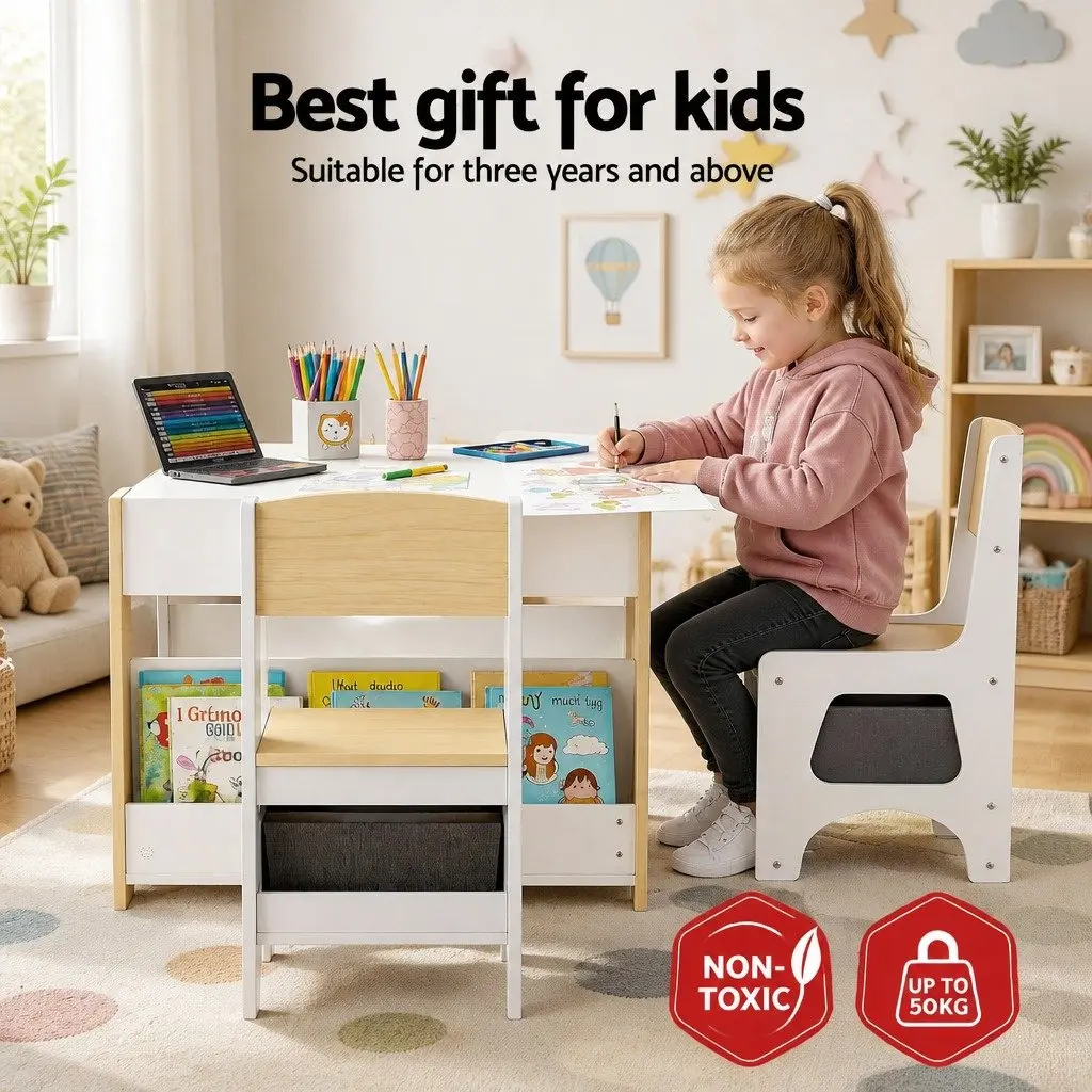 Kids Table and Chair Set for Learning and Play 4 in 1 Wooden Activity Desk with Reversible Blackboard and Whiteboard