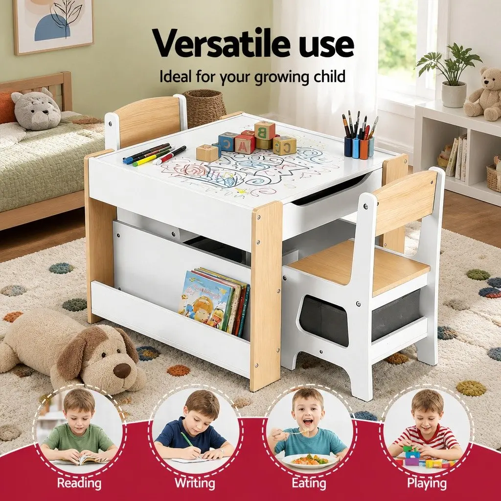 Kids Table and Chair Set for Learning and Play 4 in 1 Wooden Activity Desk with Reversible Blackboard and Whiteboard