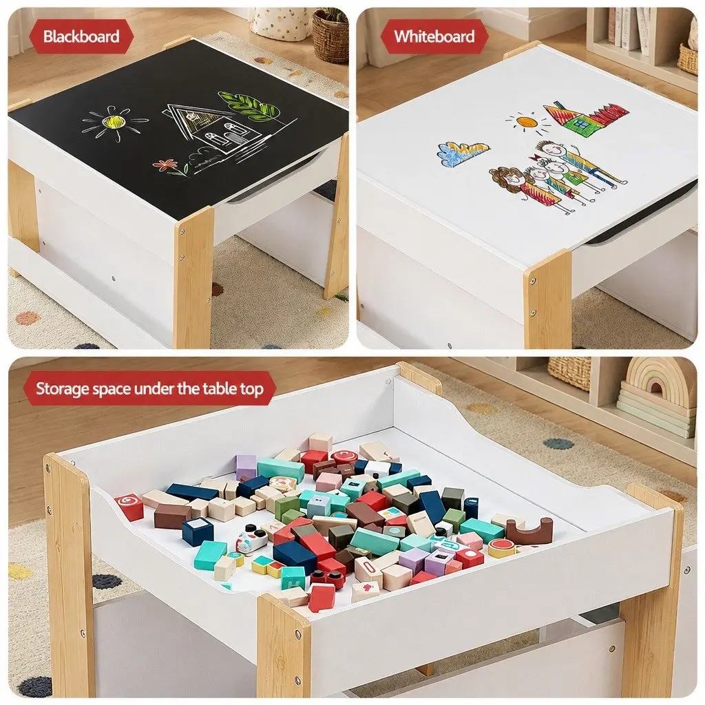 Kids Table and Chair Set for Learning and Play 4 in 1 Wooden Activity Desk with Reversible Blackboard and Whiteboard