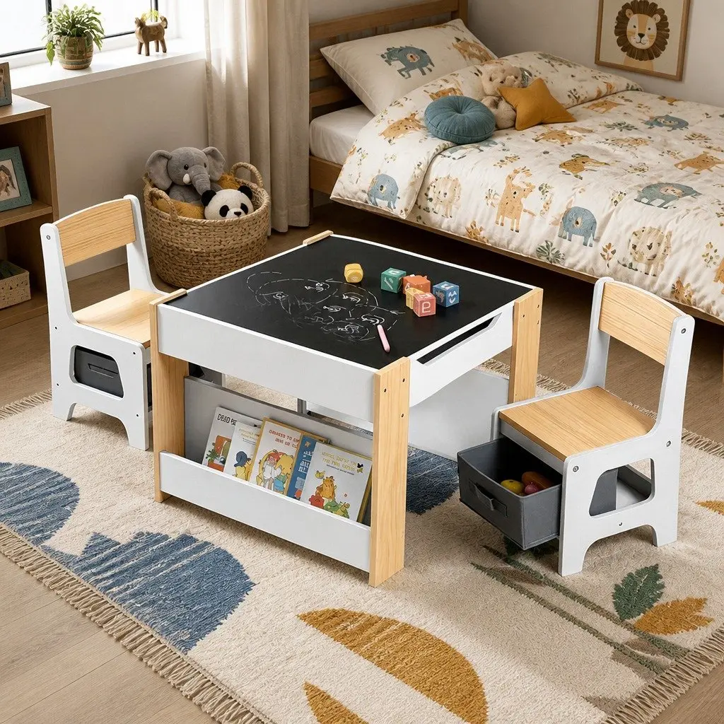 Kids Table and Chair Set for Learning and Play 4 in 1 Wooden Activity Desk with Reversible Blackboard and Whiteboard