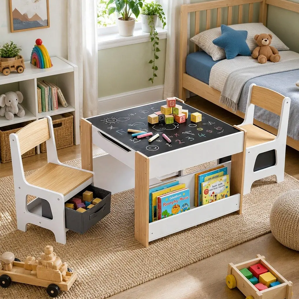 Kids Table and Chair Set for Learning and Play 4 in 1 Wooden Activity Desk with Reversible Blackboard and Whiteboard