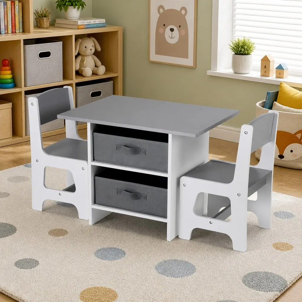 Kids Table and 2 Chairs Set Wooden Activity Desk Storage Drawers Toddler Grey