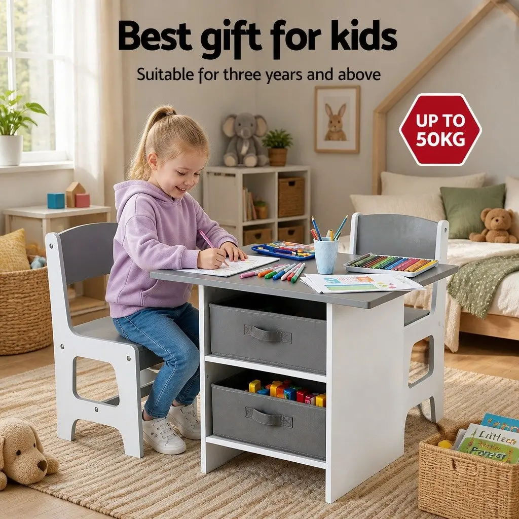 Kids Table and 2 Chairs Set Wooden Activity Desk Storage Drawers Toddler Grey