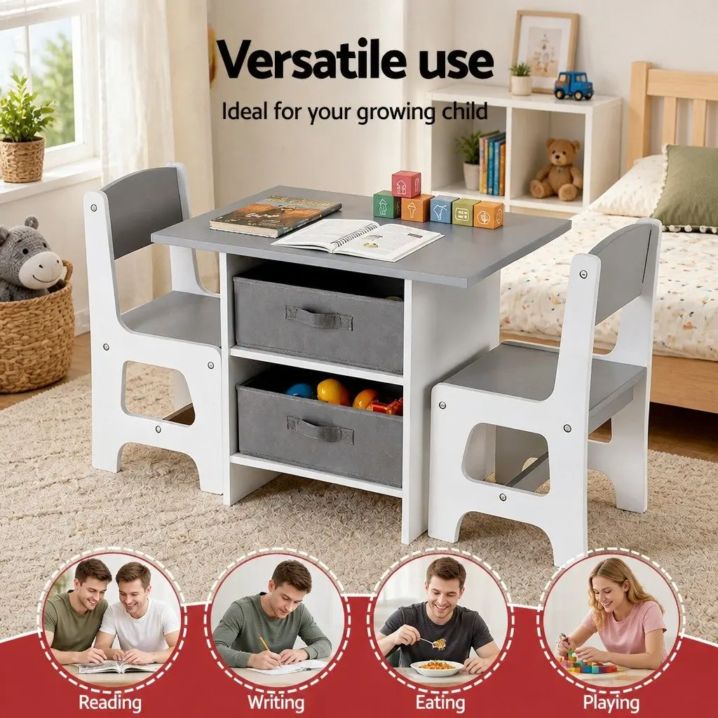 Kids Table and 2 Chairs Set Wooden Activity Desk Storage Drawers Toddler Grey