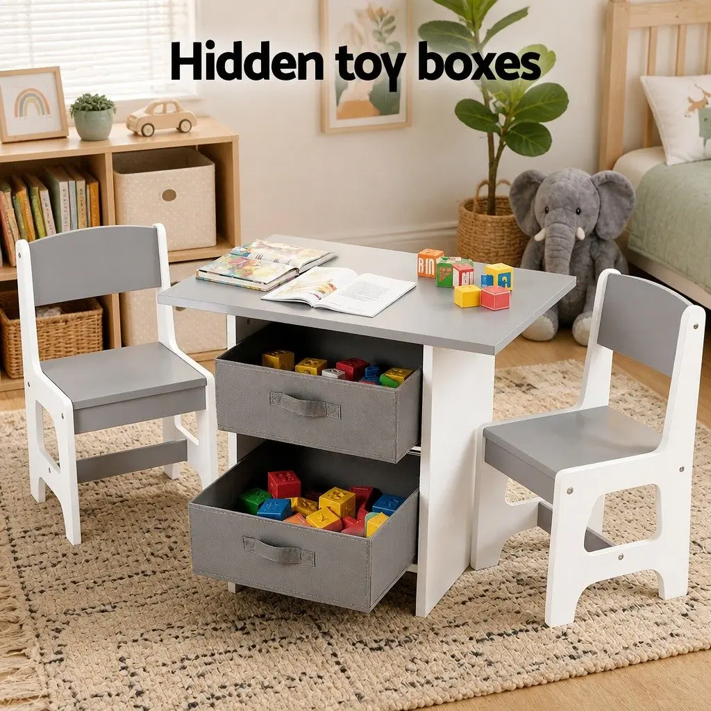 Kids Table and 2 Chairs Set Wooden Activity Desk Storage Drawers Toddler Grey
