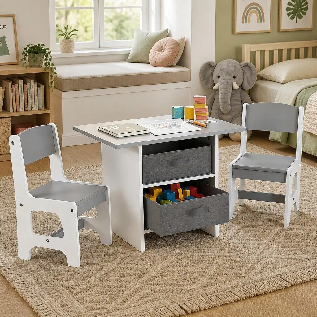 Kids Table and 2 Chairs Set Wooden Activity Desk Storage Drawers Toddler Grey
