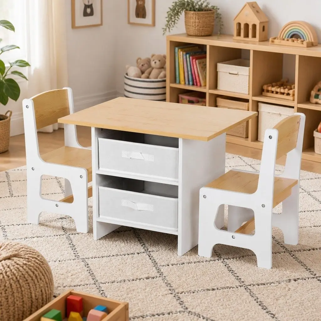 Kids Table and 2 Chairs Set Activity Desk with Storage Drawers for Drawing