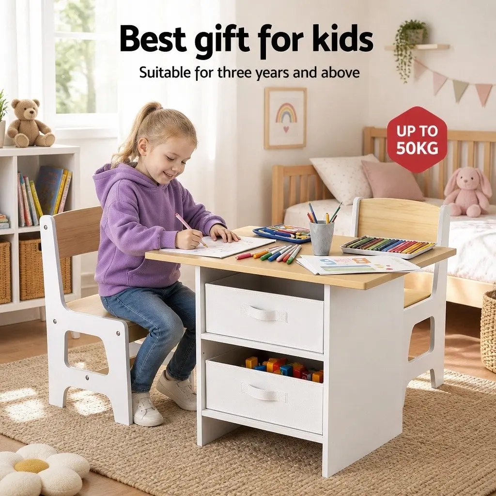 Kids Table and 2 Chairs Set Activity Desk with Storage Drawers for Drawing