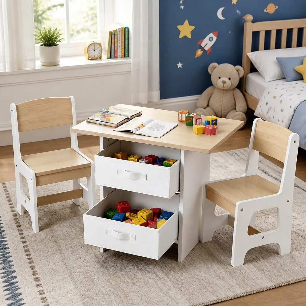 Kids Table and 2 Chairs Set Activity Desk with Storage Drawers for Drawing