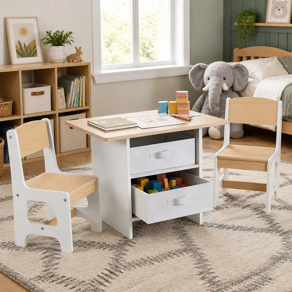 Kids Table and 2 Chairs Set Activity Desk with Storage Drawers for Drawing