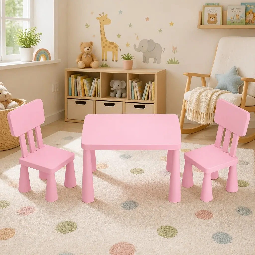 Kids Table and 2 Chairs Set Pink Children Furniture Playtime Study Room