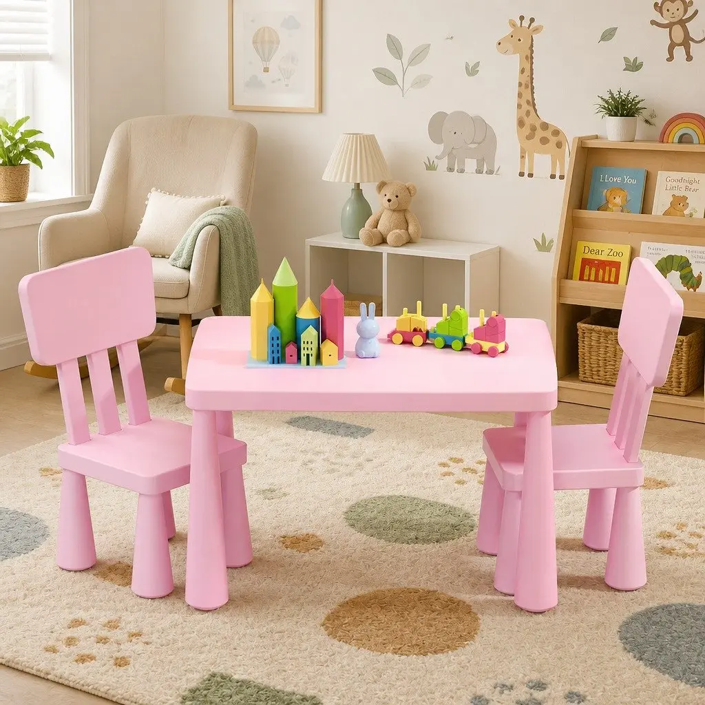 Kids Table and 2 Chairs Set Pink Children Furniture Playtime Study Room