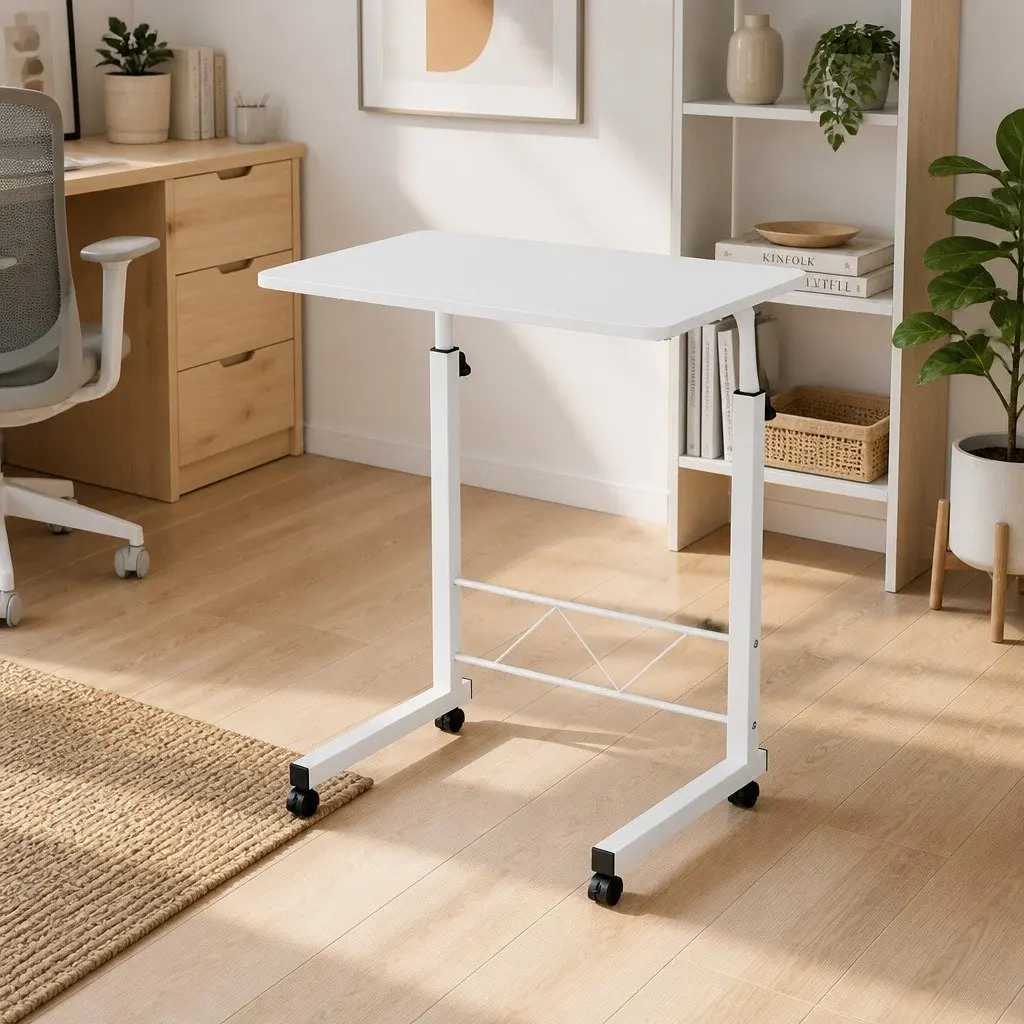 Mobile Laptop Desk Adjustable Height 60CM White Office Table with Wheels
