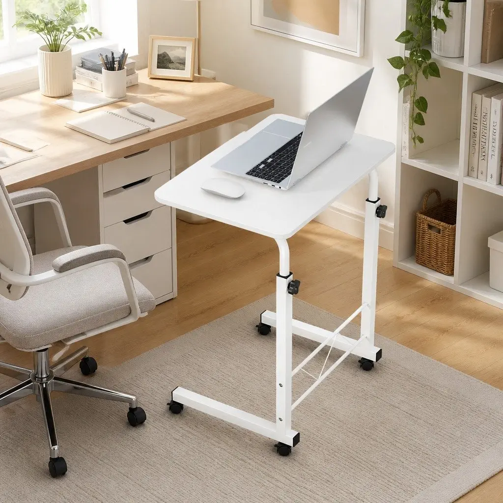 Mobile Laptop Desk Adjustable Height 60CM White Office Table with Wheels