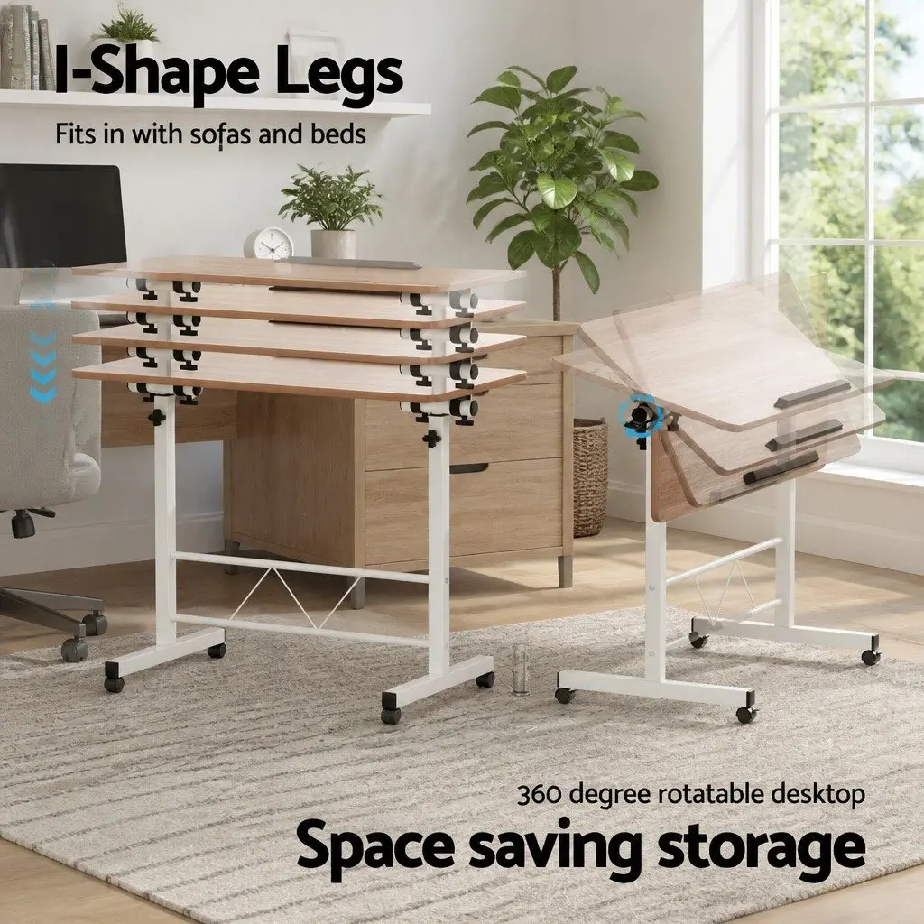 Mobile Laptop Desk Adjustable Height 80CM Brown Light Wood Tilting Portable