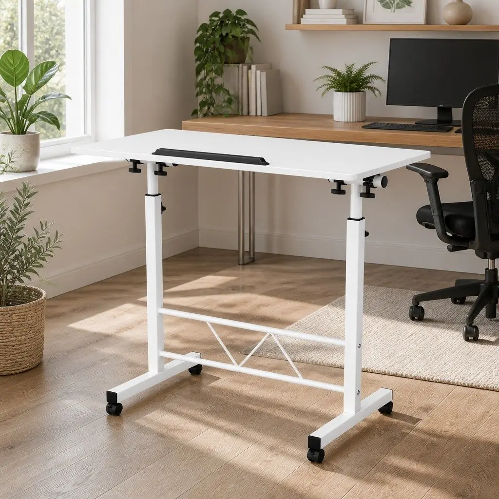80CM Height Adjustable White Mobile Desk for Laptops