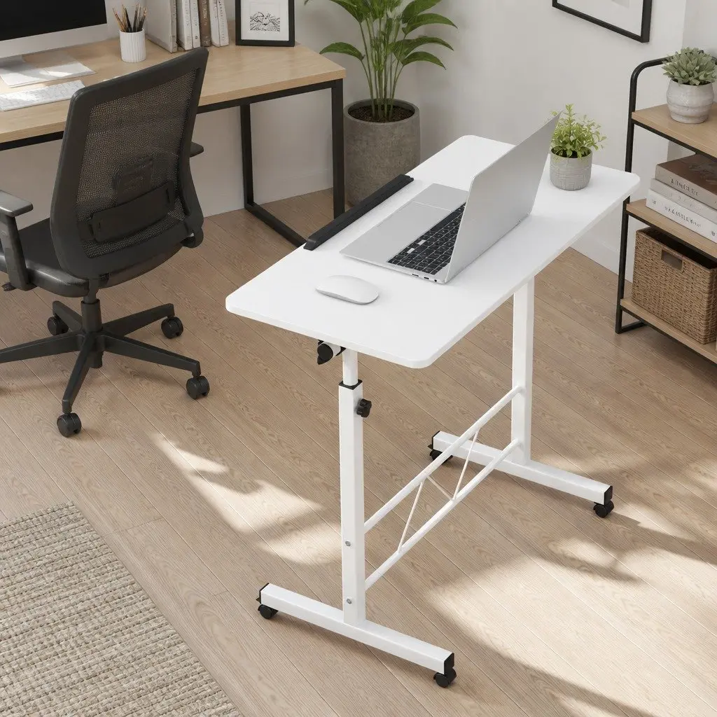 80CM Height Adjustable White Mobile Desk for Laptops