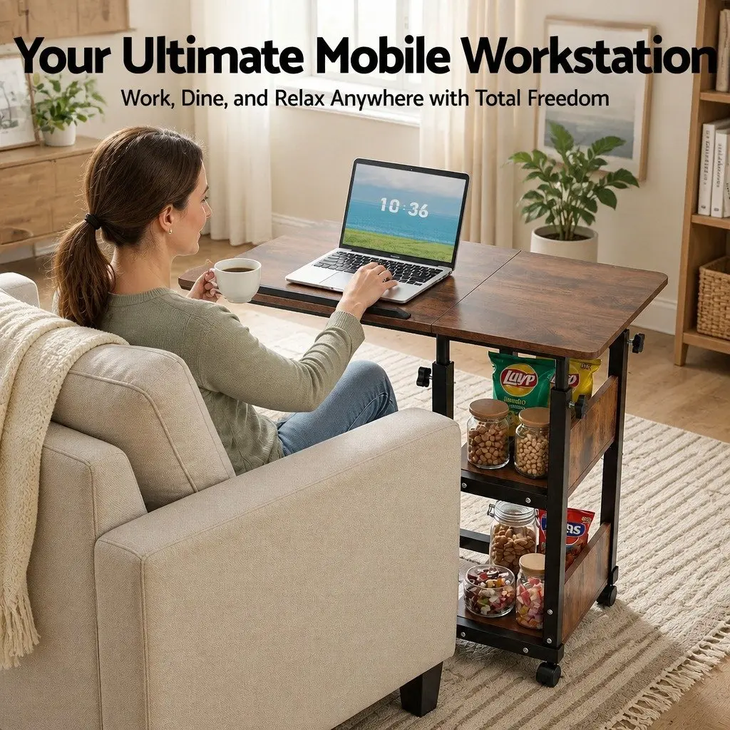Adjustable Laptop Desk 3 Tier Mobile Side Table Tiltable Wheels Home Office