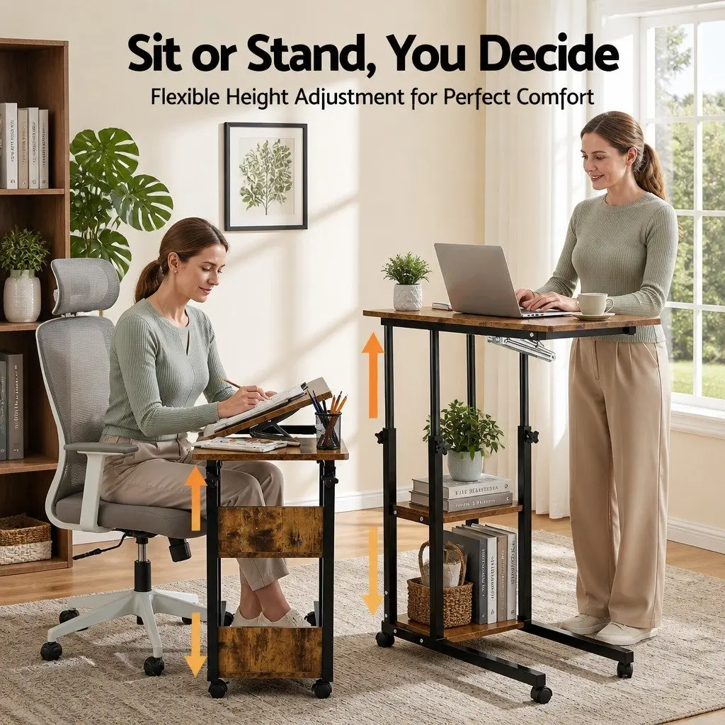 Adjustable Laptop Desk 3 Tier Mobile Side Table Tiltable Wheels Home Office