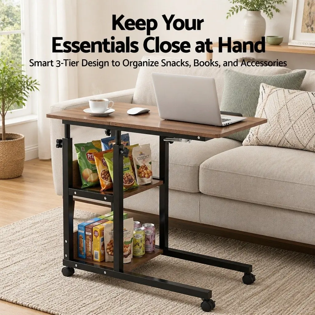 Adjustable Laptop Desk 3 Tier Mobile Side Table Tiltable Wheels Home Office