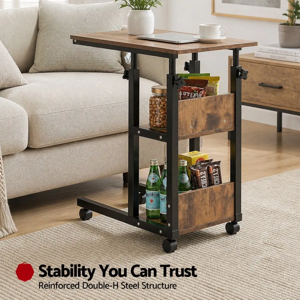 Adjustable Laptop Desk 3 Tier Mobile Side Table Tiltable Wheels Home Office