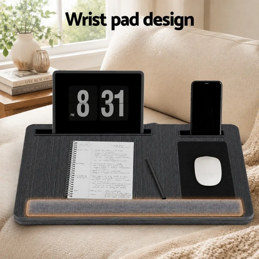Lap Desk Portable Laptop Stand Wrist Rest Phone Slot Mouse Pad 55CM Black