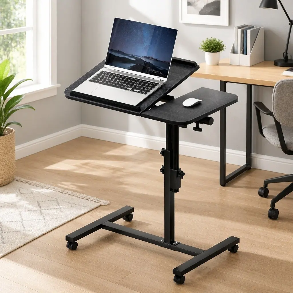 Mobile Laptop Desk Stand 60CM Adjustable Height Rotating Tilting with Caster