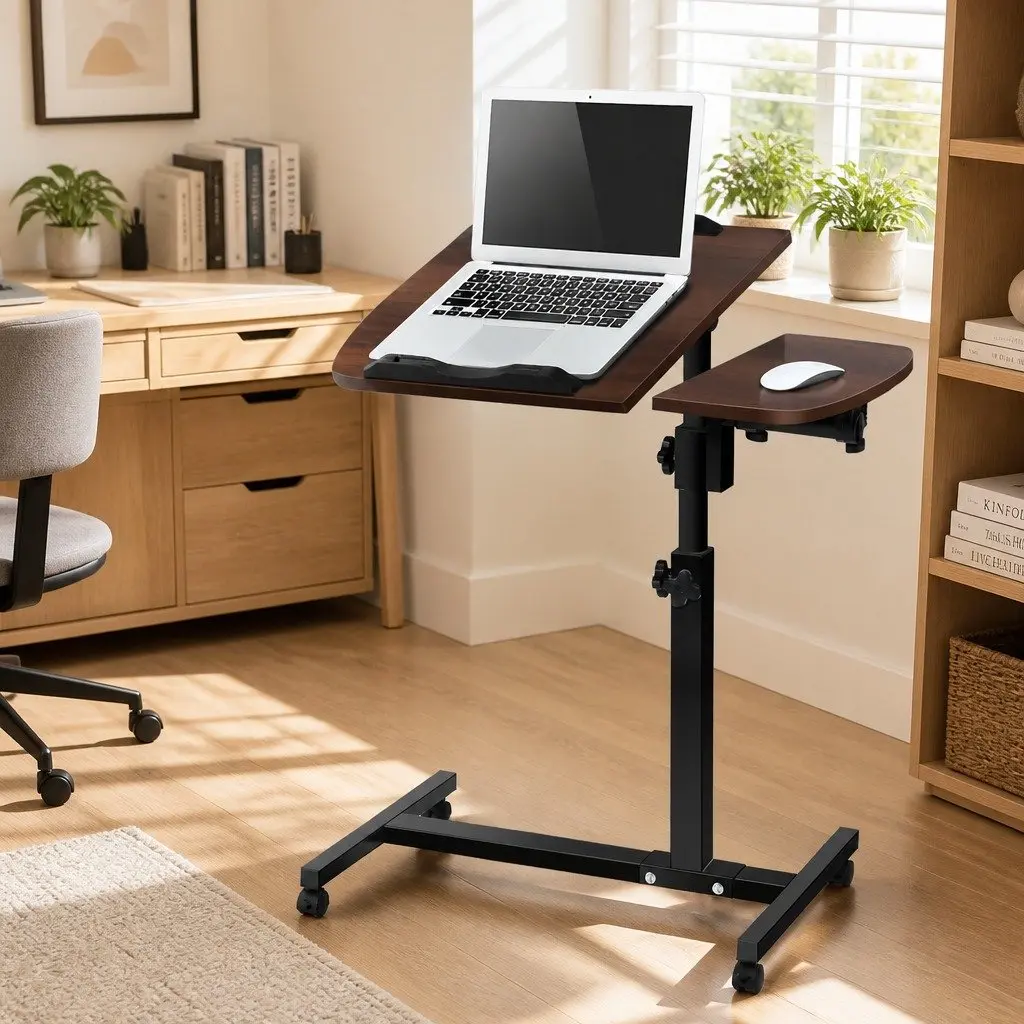 Mobile Laptop Desk 360° Rotating Stand Adjustable Height Tilt Lockable Wheels