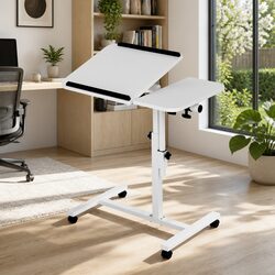Mobile Laptop Desk Stand 60CM White Adjustable Height Rotating Tilt Wheels