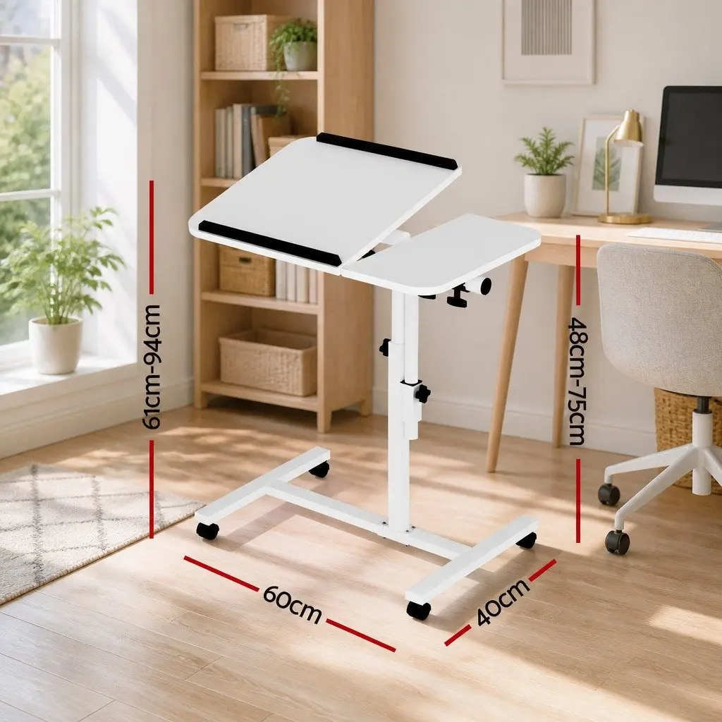 Mobile Laptop Desk Stand 60CM White Adjustable Height Rotating Tilt Wheels