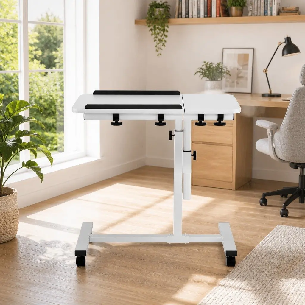 Mobile Laptop Desk Stand 60CM White Adjustable Height Rotating Tilt Wheels