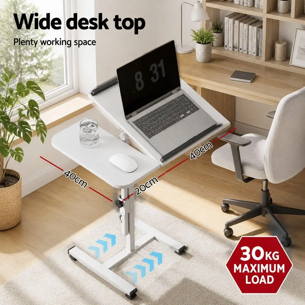 Mobile Laptop Desk Stand 60CM White Adjustable Height Rotating Tilt Wheels