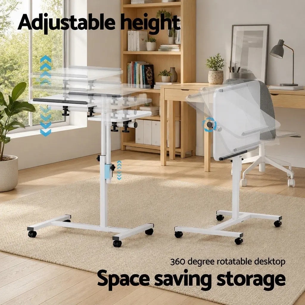 Mobile Laptop Desk Stand 60CM White Adjustable Height Rotating Tilt Wheels