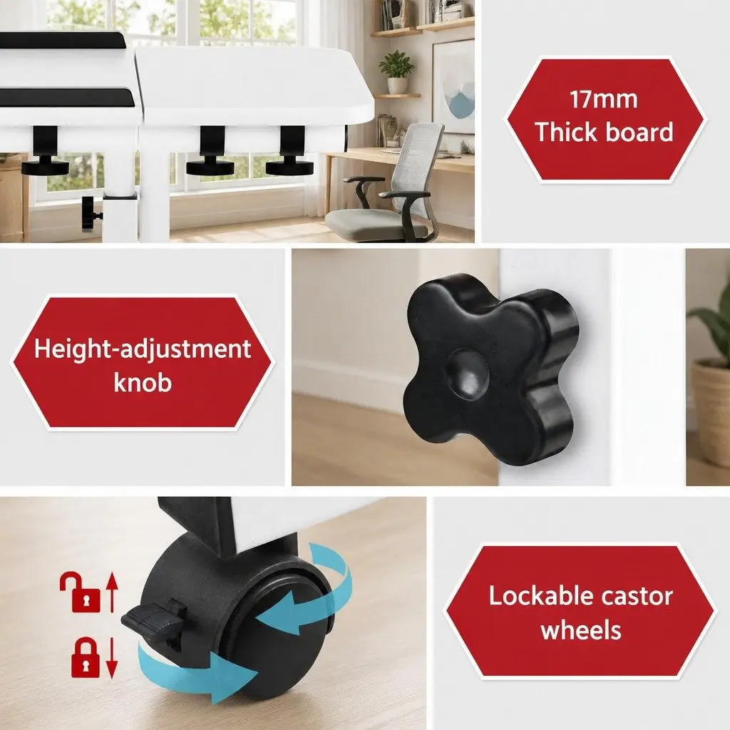 Mobile Laptop Desk Stand 60CM White Adjustable Height Rotating Tilt Wheels