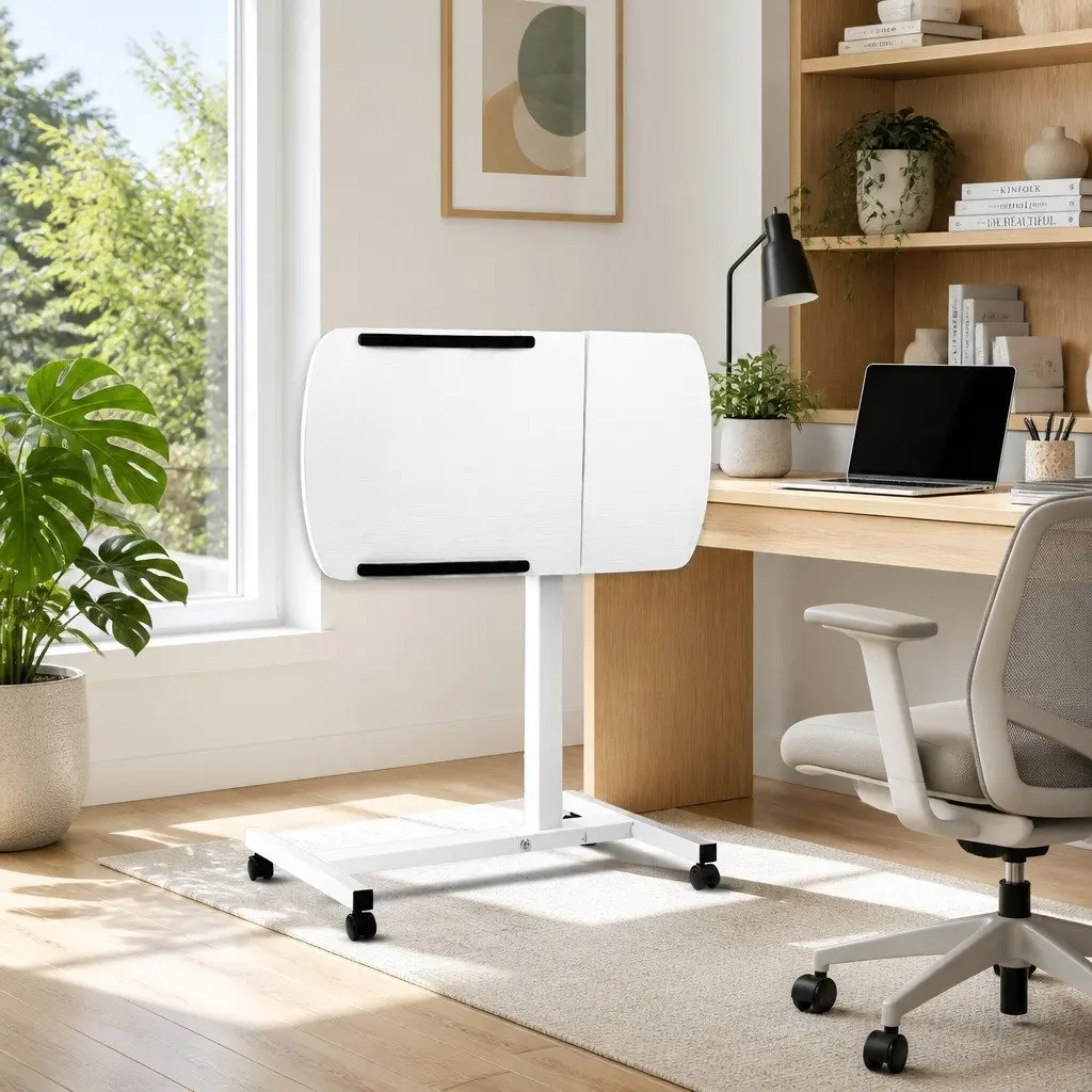 Mobile Laptop Desk Stand 60CM White Adjustable Height Rotating Tilt Wheels