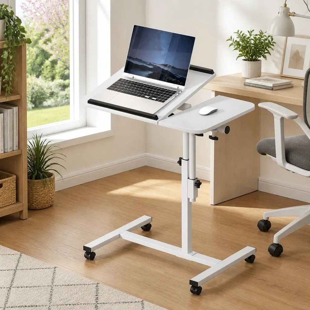 Mobile Laptop Desk Stand 60CM White Adjustable Height Rotating Tilt Wheels
