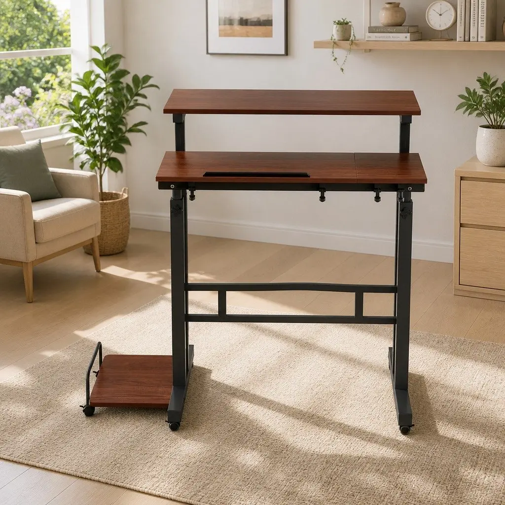 Mobile Twin Laptop Desk Adjustable Height Tilt Portable Standing Work Table