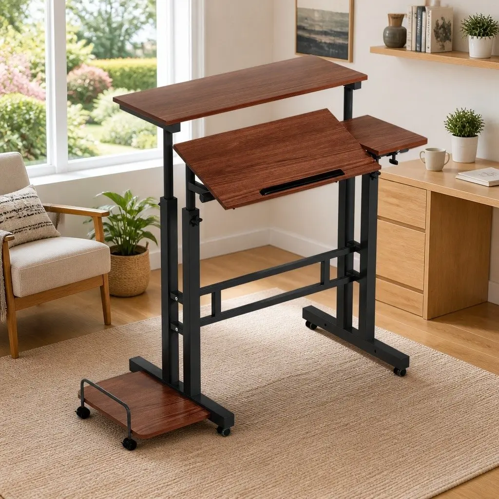 Mobile Twin Laptop Desk Adjustable Height Tilt Portable Standing Work Table
