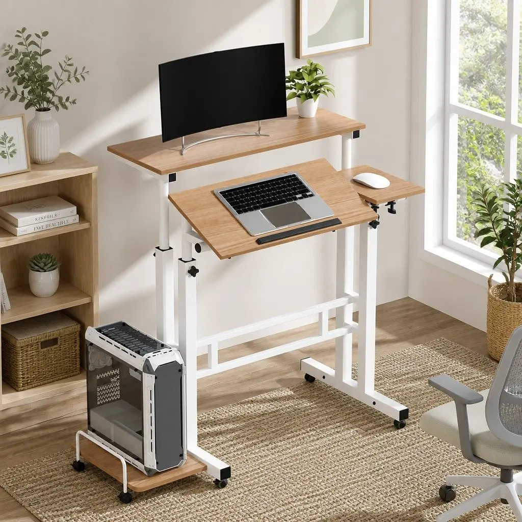 Mobile Twin Laptop Desk Office Adjustable Height Tilting Tabletop 80cm x 60cm Light Wood