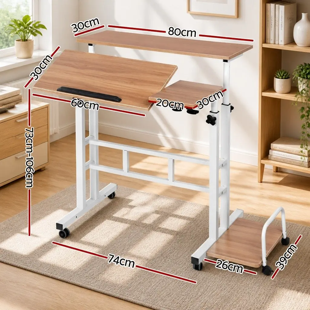 Mobile Twin Laptop Desk Office Adjustable Height Tilting Tabletop 80cm x 60cm Light Wood