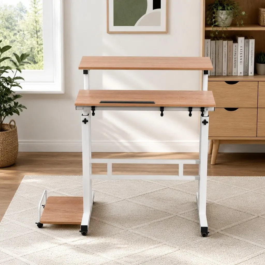 Mobile Twin Laptop Desk Office Adjustable Height Tilting Tabletop 80cm x 60cm Light Wood