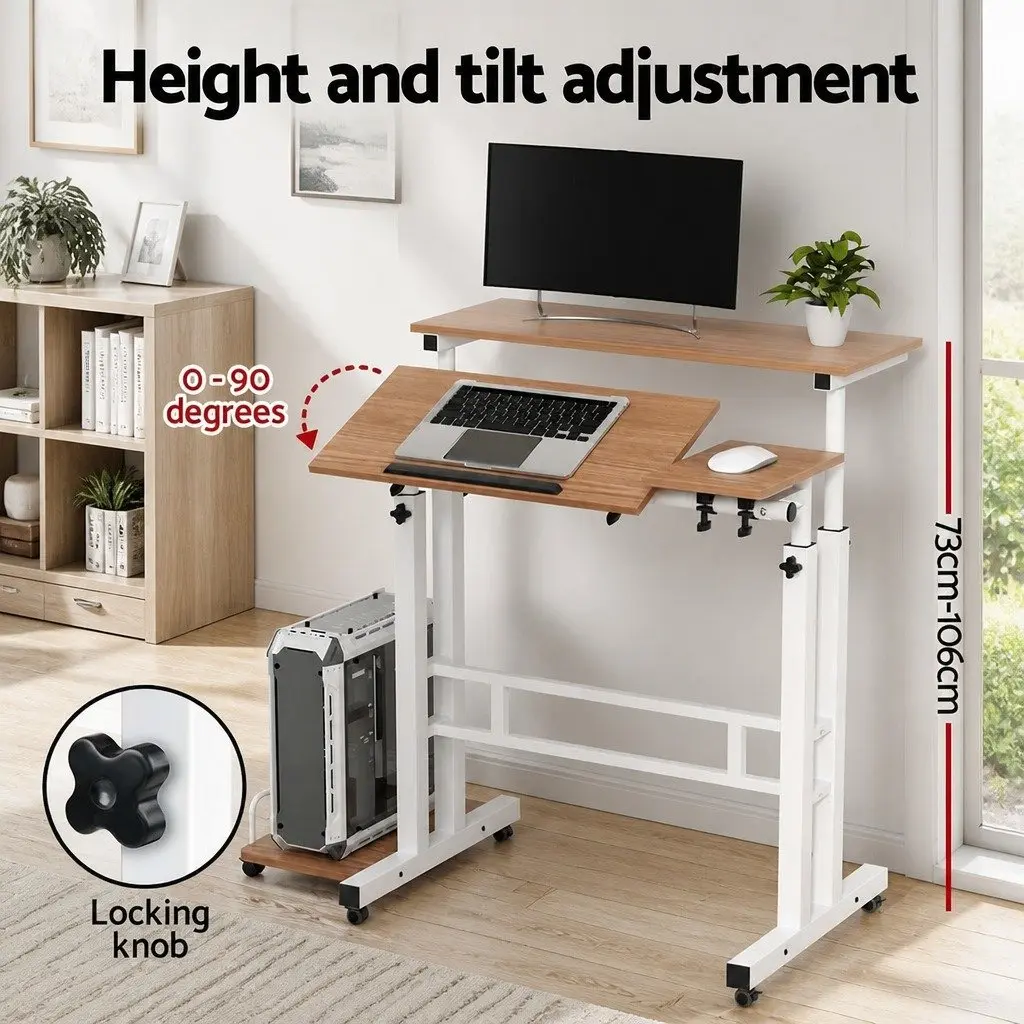 Mobile Twin Laptop Desk Office Adjustable Height Tilting Tabletop 80cm x 60cm Light Wood